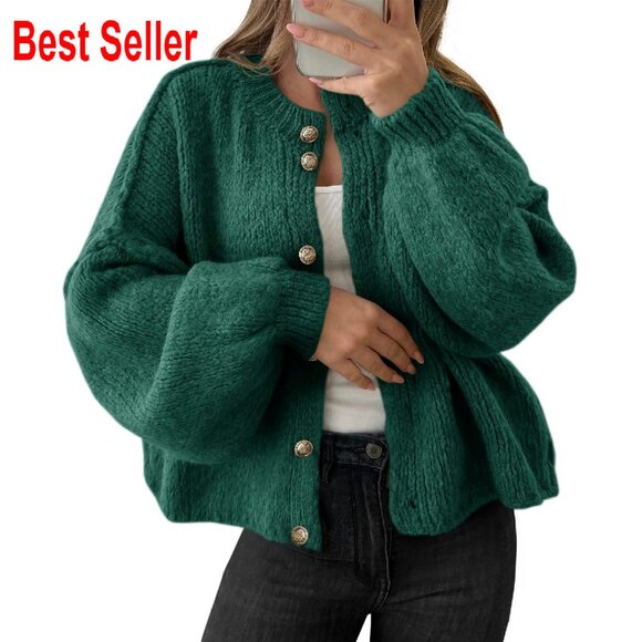 Oversized Chunky Knit Cardigan Button Up Long Lantern Sleeve Soft Fall Sweater